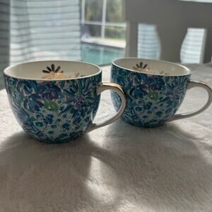 2PC Set Lilly Pulitzer‎ Blue & Green Tea or Coffee Cups with Gold Trim